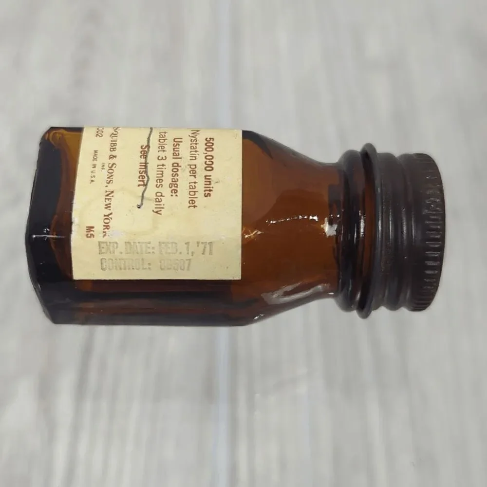 Vintage 1971 Squibb Pharmacy Nystatin Tablets Empty Glass Container